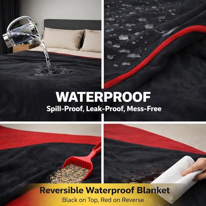 Waterproof Throw Blanket – Leakproof, Spill-Proof Flannel Blanket for Bed, Couch, Kids & Pets Protection, Reversible Water-Proof Design (Passion Red & Midnight Black, Throw) - Image 6