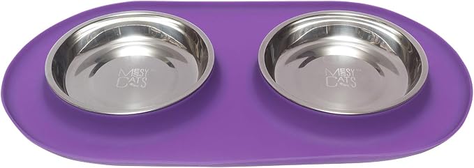 Messy Cats Double Silicone Feeder, Stainless Bowls, 1.75 Cup, Purple | Non-Slip Silicone Double Cat Feeder With Two Removable Stainless Steel Saucer Bowls For Food And Water by Messy+Cats