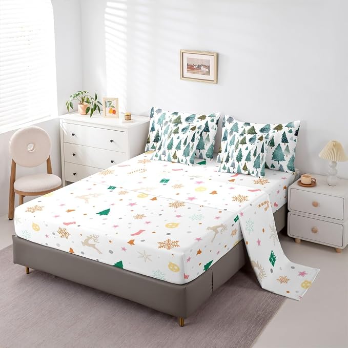 Erosebridal Christmas Tree King Comforter Set with Sheets 7 Piece Green Xmas Pine Tree Bed in A Bag Forest Snowy Nature Scene Bedding Sets for Teens Winter Holiday Christmas Bed Set Happy New Year - Image 5