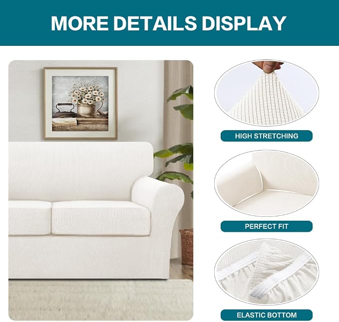 Turquoize 4 Piece Sofa Covers for 3 Cushion Couch Sofa Slipcover Soft Couch Cover for Dogs Washable Furniture Cover with 3 Individual Large Cushion Covers Feature Fabric (Large Sofa, Porcelain White) - Image 4