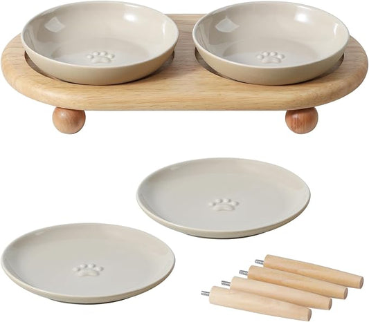 Havniva Elevated Cat Bowls, Raised Ceramic Cat Bowl with Stand, Two Heights | Cat Food & Water Bowl Set, Whisker Friendly, 5.6” Raised Cat Dishes + 6” Shallow Cat Plates, Non-slip Wood Stand, Kitten Bowl by Havniva
