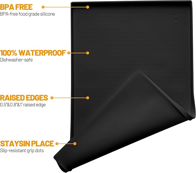 Hubulk Dog Feeding Mat,100% Waterproof Food Grade Silicone Pet Food and Water Bowl Placemat,Dishwasher, High Raised Edge to Prevent Spills,Nonslip Tray to Stop Messes on Floor (32"x24"x1.0", Black) - Image 2