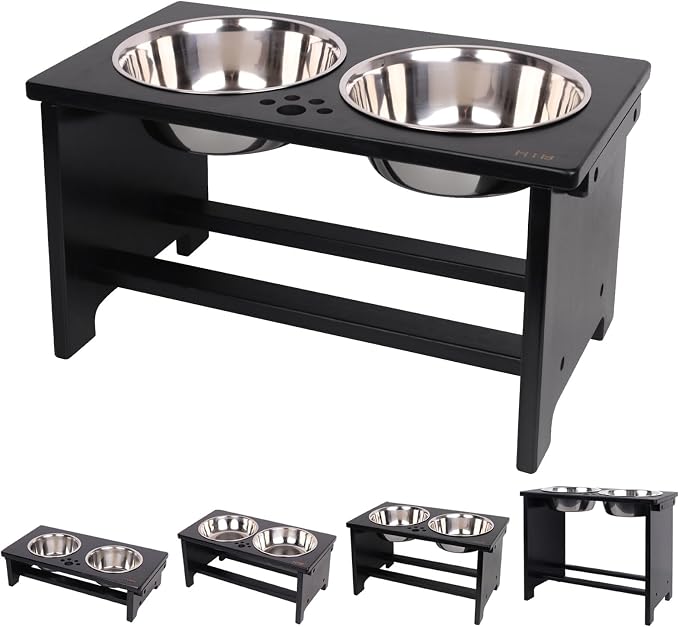 HTB Elevated Dog Bowl Stand with 2 Stainless Steel Bowls-10 H Large Black | Raised Dog Bowl Stand, 10"tall, 48 Oz Bowls, for Large Sized Dogs, Pet-safe, Solid Bamboo by HTB