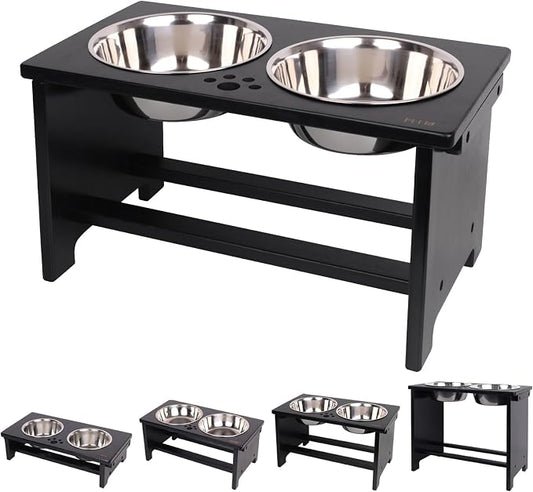 HTB Elevated Dog Bowl Stand with 2 Stainless Steel Bowls-10 H Large Black | Raised Dog Bowl Stand, 10"tall, 48 Oz Bowls, for Large Sized Dogs, Pet-safe, Solid Bamboo by HTB