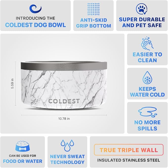 Coldest Dog Bowl - Anti Rust Metal, Non Slip, 3 Layers Insulated Stainless Steel Dog Bowls - Spill Proof & Heavy Duty - Water Bowl for Dogs, Cats & Pets, Dish Washer Safe (200 oz, Carrara Marble) - Image 5