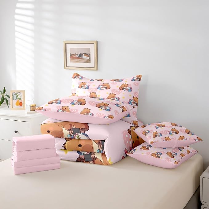 Erosebridal Girls Cute Capybara 7 Pieces Bedding Set, Axolotl Bed in a Bag Full, Capybara Feeding Noodles to Salamanders Pink Comforter Set with Sheets, Star Polka Dot Love Heart Bed Sets - Image 5