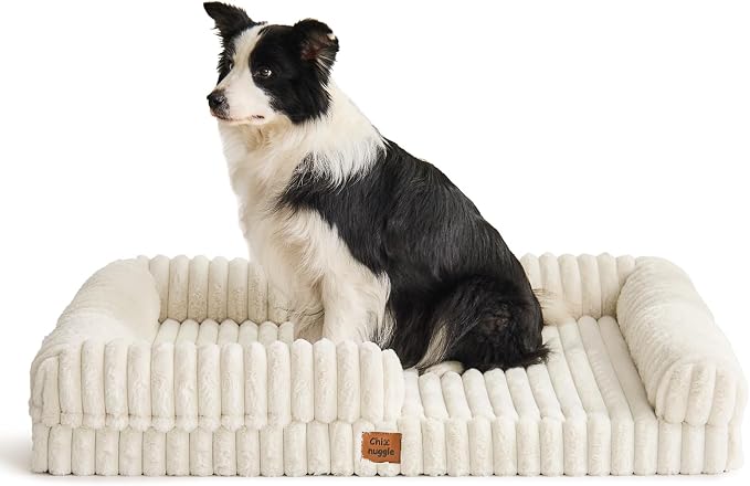 ChiXnuggle Faux Fur Orthopedic Dog Bolster Bed, Waterproof Washable Cover | rectangular dog sofa couch,egg crate foam,non-slip bottom,for extra large dogs,cream,41*30*7 by SnuggleUpPawsDown