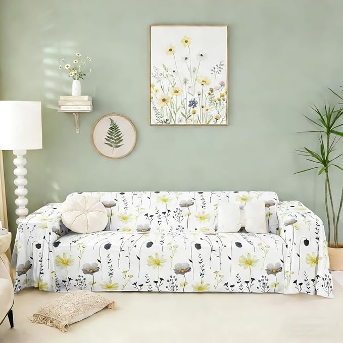 Erosebridal Watercolor Floral Couch Cover Yellow And Grey Flower Sofa Cover Modern Minimalist White Couch Protector For Cushion Couch Sofas Rustic Farmhouse Washable Non Slip Sofa Slipcover,71" X 150" by Erosebridal