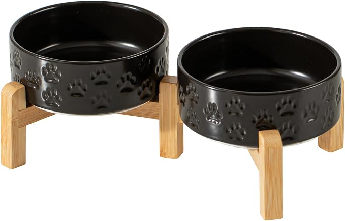Elevated Ceramic Dog Bowl Set, Anti-Skid Bamboo Stand, Black, 5.1 inch | Food and Water Bowls with Fixed Non-Slip Rubber Ring, Microwave Safe, Easy to Clean, 1.6 Cup per Bowl, for Small-Breed Puppy by Unknown