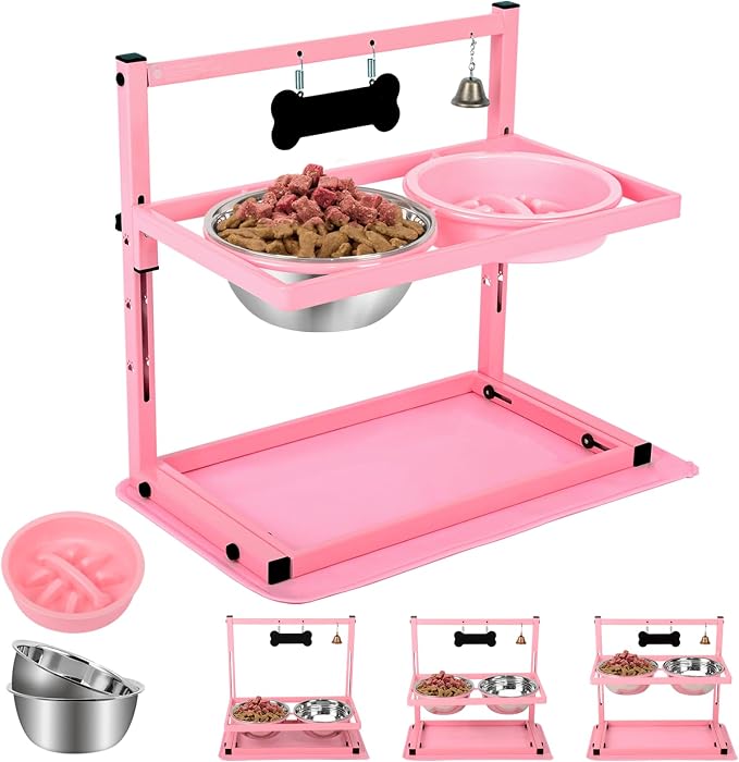 SHAINFUN Pink Elevated Dog Bowl Stand with Two 1700ml Stainless Steel Food Bowls, Slow Feeder and Spill Proof Mat, Adjustable Feeder for Large, Medium and Small Dogs by SHAINFUN