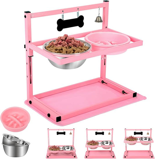 SHAINFUN Pink Elevated Dog Bowl Stand with Two 1700ml Stainless Steel Food Bowls, Slow Feeder and Spill Proof Mat, Adjustable Feeder for Large, Medium and Small Dogs by SHAINFUN
