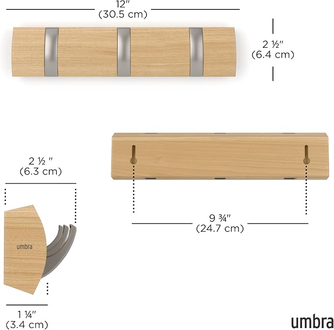 Umbra Flip Coat Rack, Wall Mount Retractable Hooks, 3-Hook, Natural/Nickel | Real wood and steel build, folds flat when not in use, holds coats bags and scarves, easy install - Image 3