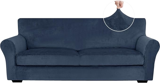 XINEAGE 3-Piece Velvet Sofa Cover,Couch Covers for Dog,Navy Blue | 2 Cushion Sofa,Stretch Non-slip Elastic, Pet-friendly, Washable, Fast Setup, Soft Plush Fabric, Furniture Protector. by XINEAGE