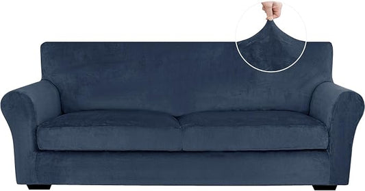 XINEAGE 3-Piece Velvet Sofa Cover,Couch Covers for Dog,Navy Blue | 2 Cushion Sofa,Stretch Non-slip Elastic, Pet-friendly, Washable, Fast Setup, Soft Plush Fabric, Furniture Protector. by XINEAGE