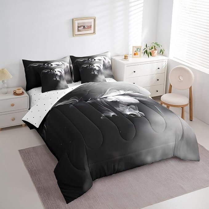 Erosebridal 7 Pcs Comforter Set Queen Size, Black White Horse Bed in a Bag with Flat Sheet and Fitted Sheet for Kids and Adults, Vintage Animals Bedding Set with 2 Pillowcases & 2 Pillow Shams - Image 2