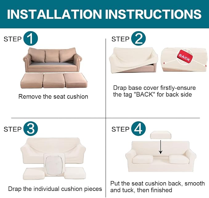 Turquoize 4 Piece Sofa Covers for 3 Cushion Couch Sofa Slipcover Soft Couch Cover for Dogs Washable Furniture Cover with 3 Individual Large Cushion Covers Feature Fabric (Large Sofa, Cream) - Image 6
