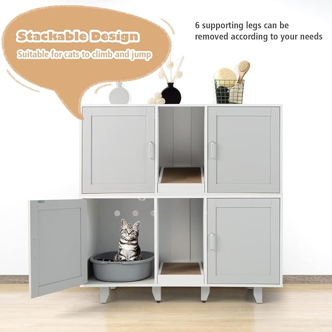 Tangkula Double Cat Litter Box Enclosure for 2 Cats, Large Stackable Hidden Privacy Cat Washroom Cabinet with Scratching Board, Indoor Cat House TV Stand Side Table, Litter Box Furniture (Grey) - Image 9