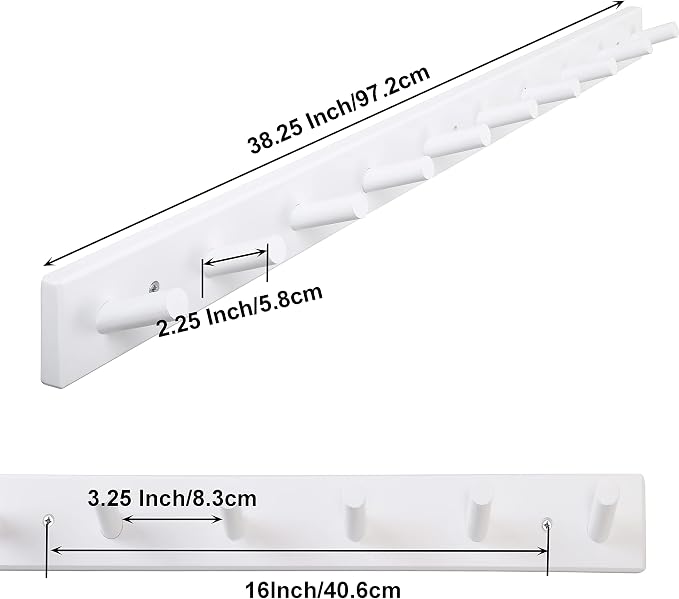 SKOLOO Wood Coat Rack Wall Mounted,10 Peg Long Bamboo Hook for Hanging Backpack Coat Towel Hat,16'' Hole to Hole,White - Image 5
