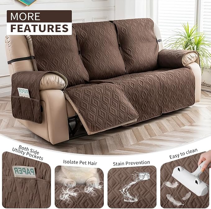 Genina Waterproof Reclining Couch Cover 3 Seat, Recliner Sofa Covers Non-Slip Recliner Couch Cover Furniture Protector with Elastic Straps for Pets, Dogs (Chocolate, Recliner Sofa) - Image 3