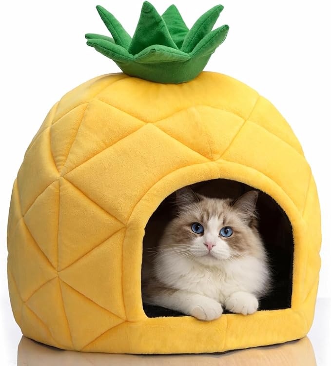 Hollypet Cat Bed Cave for Indoor Cats for Pets up to 15 lbs, Pineapple | Warm Cat Bed Cats Cave Condo, Covered Kitty House with Removable Washable Cushion, Cozy Enclosed Pet Bed for Small Dogs by Hollypet