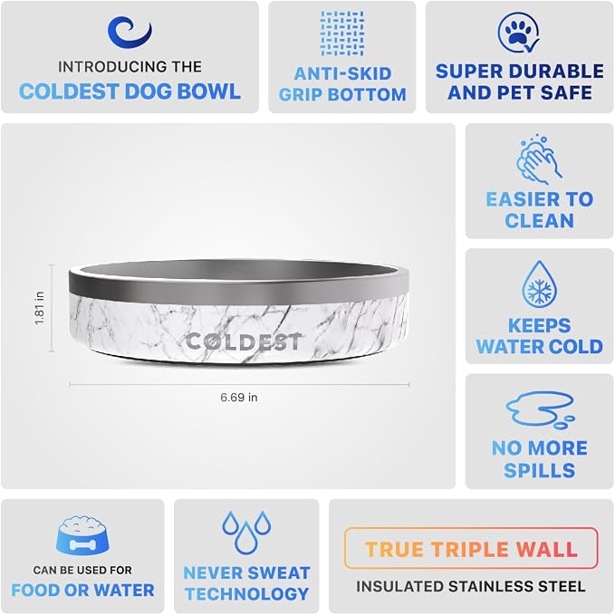Coldest Dog Bowl - Anti Rust Metal, Non Slip, 3 Layers Insulated Stainless Steel Dog Bowls - Spill Proof & Heavy Duty - Water Bowl for Dogs, Cats & Pets, Dish Washer Safe (21 oz, Carrara Marble) - Image 5