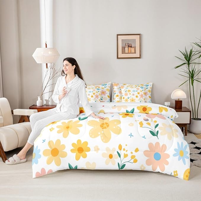 Feelyou Cute Flower 7 Piece Bedding Set Twin Size Kids Cartoon Cute Floral Bed in a Bag for Girls Teens Bright Yellow Comforter Set with Sheets Kawaii Bed Set - Image 4