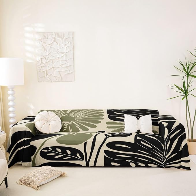 Erosebridal Black Sage Green Flower Couch Cover Abstract Floral Sofa Cover 71" X 118" Vintage Aesthetic Minimalist Sofa Protector For Pet Cats Kids Groovy 70S Modern Washable Couch Protector, Non Slip by Erosebridal