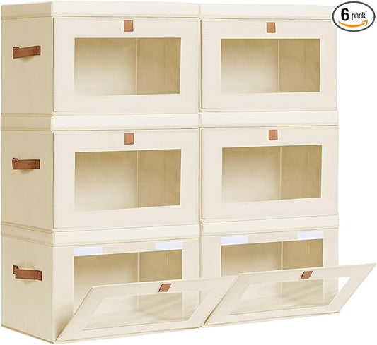 Homsorout Large Closet Storage Bins - Collapsible Clothing Organizer with Handles & Window, Decorative Bin with Lids, Linen Closet Organizers for Living Room, Dorm, 6 Pack, Beige by Homsorout