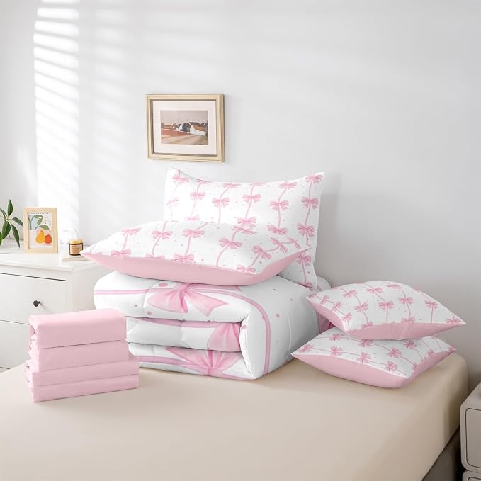 Feelyou Pink Bow 7 Piece Bedding Set Pretty Bowknot Comforter Set with Sheets for Kids Boys Girls Pink White Bed in a Bag Cute Wave Dot Bed Set Soft Lightweight - Image 5