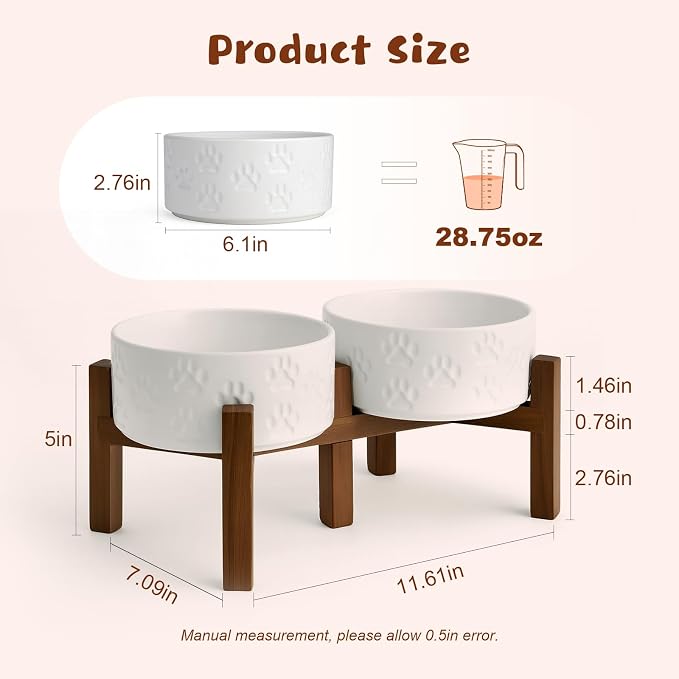 SPUNKYJUNKY Ceramic Elevated Dog Bowl Set with Acacia Wood Stand for Food and Water for Small Medium Sized Dogs (28.74 OZ, White, Dog Paw Pattern) - Image 2