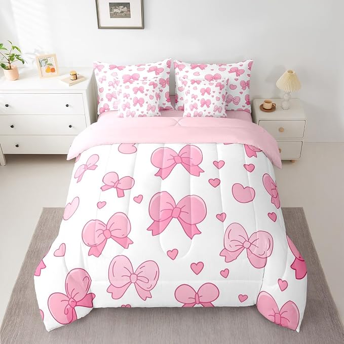 Feelyou Pink Bowknot 7 Piece Bedding Set Cartoon Bow Comforter Set with Sheets for Kids Boys Girls Cute Love Heart Bed in a Bag White Pink Bed Set Soft Lightweight - Image 2