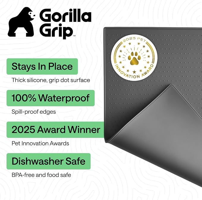 GORILLA GRIP 100% Waterproof Raised Edge BPA Free Silicone Pet Feeding Mat, Dog Cat Food Mats Contain Spills Protects Floors, Placemats for Cats and Dogs Water Bowl, Pets Accessories 23x15 Charcoal - Image 2