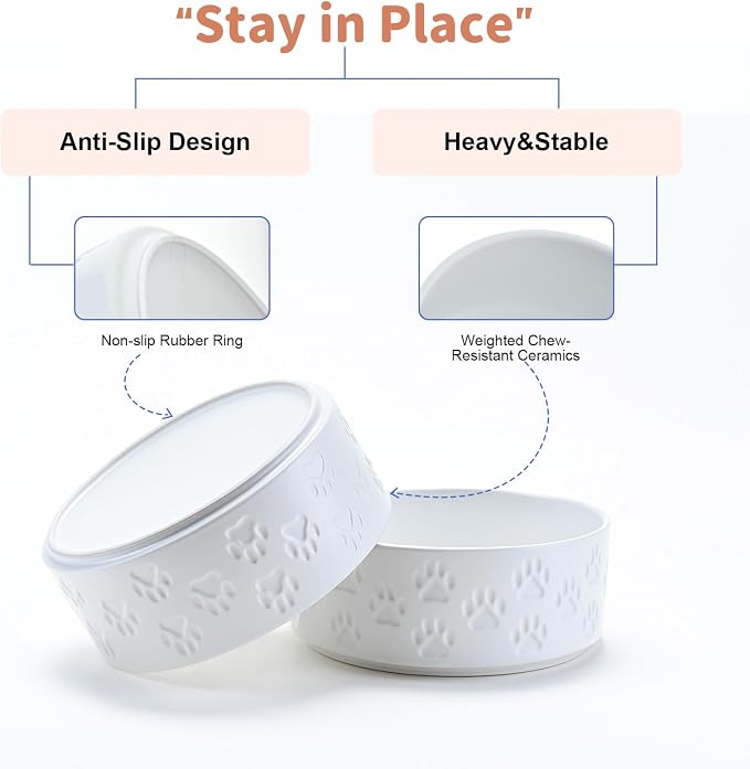 SPUNKYJUNKY Ceramic Dog Bowls 2 Pack, 8.3'' Dog Food Water Double Feeding Bowls Non-Slip for Medium to Large Sized Breed Microwave Dishwasher Safe - 60 OZ, 2pcs, Paw White - Image 4