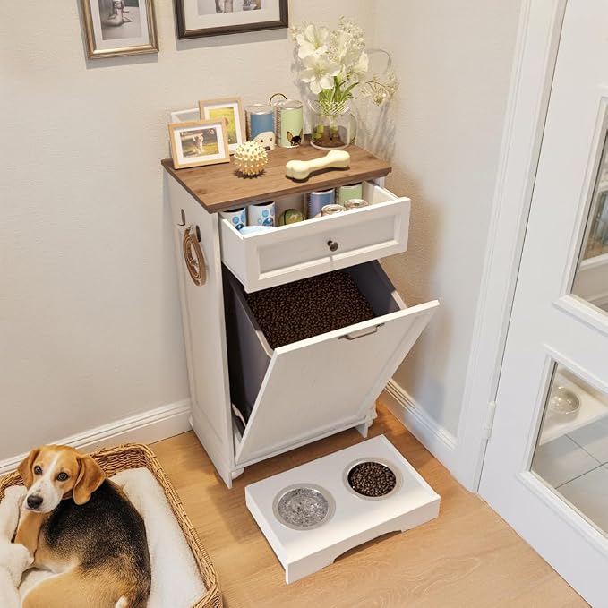 FIMELLO 21 ''WX 13''DX39''H Dog Feeding Station with 2 Feeding Bowls, Tilt-Out Dog Food Storage Cabinet with Drawer,Pet Feeder Cabinet,White Grain - Image 6