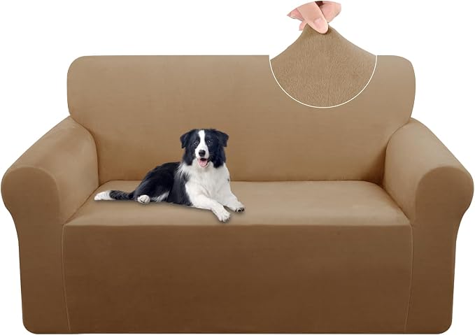 U-NICE HOME Velvet Loveseat Sofa Covers Stretch Couch Cover Furniture Protector Sofa Slipcover for Dogs (Medium, Camel) by U-NICEHOME