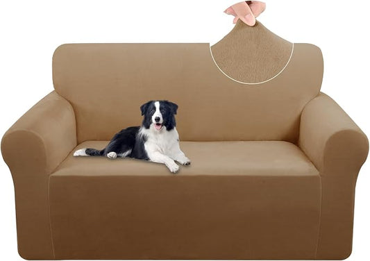 U-NICE HOME Velvet Loveseat Sofa Covers Stretch Couch Cover Furniture Protector Sofa Slipcover for Dogs (Medium, Camel) by U-NICEHOME