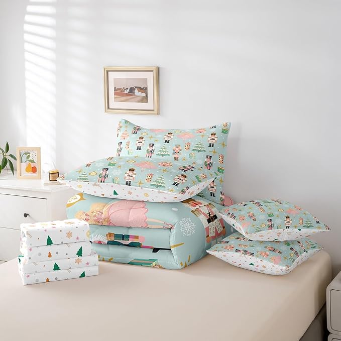 Erosebridal 7Pcs Green Christmas Comforter Set Twin,Xmas Tree Nutcracker Bedding Set,Pink Princess Bed in A Bag for Girls Women,Winter Xmas Holiday Christmas Ornaments Quilt with Flat Fitted Sheet - Image 6
