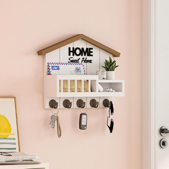 Key and Mail Holder for Wall, Wall Key Holder with Shelf, Key Rack Wall Mount, Wood Key Holder Wall Mount White, Mail Organizer Wall Mounted, Entryway & Front Door Key Holder with 5 Hooks - Image 5