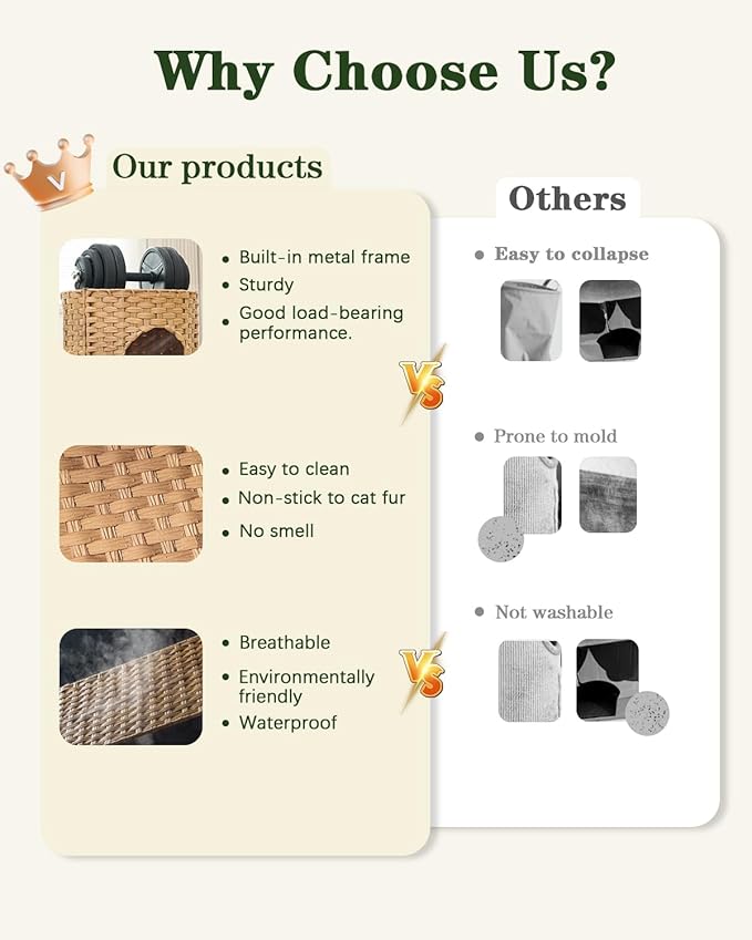 SETVSON Cat House for Indoor Cat, Small Handwoven PE Rattan Kitten Cave | Two-Tier Cozy Pet Nest with One Double-Sided Pad, Waterproof Handwoven PE Rattan Basket, Easy to Clean, 13x13x13.7 In - Image 4