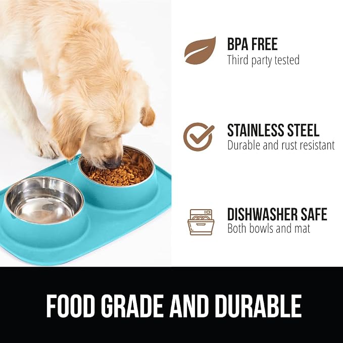 GORILLA GRIP Dog Bowl Set with Slip Resistant Silicone Feeding Mat, Food Grade 304 Stainless Steel Bowls, BPA Free, High Edge Spill Containment, Dishwasher Safe, Finger Notch Removal, 1 Cup, Turquoise - Image 5