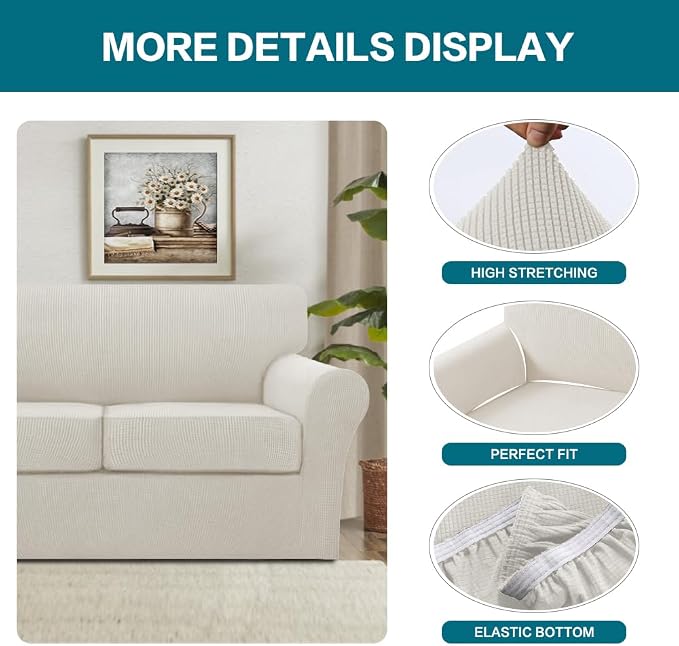 Turquoize 4 Piece Sofa Covers for 3 Cushion Couch Sofa Slipcover Soft Couch Cover for Dogs-Washable Sofa Furniture Covers with 3 Individual Large Cushion Covers (XL Sofa, Cream) - Image 4