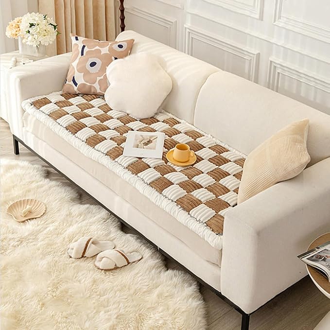 Fuzzy Chic Cotton Protective Couch Cover, Machine Washable & Non-Slip Mat Bed, Cream-Coloured Plaid Pet Mat for Cats & Dogs (Dark Coffee, 23.6*62.9inch) - Image 7