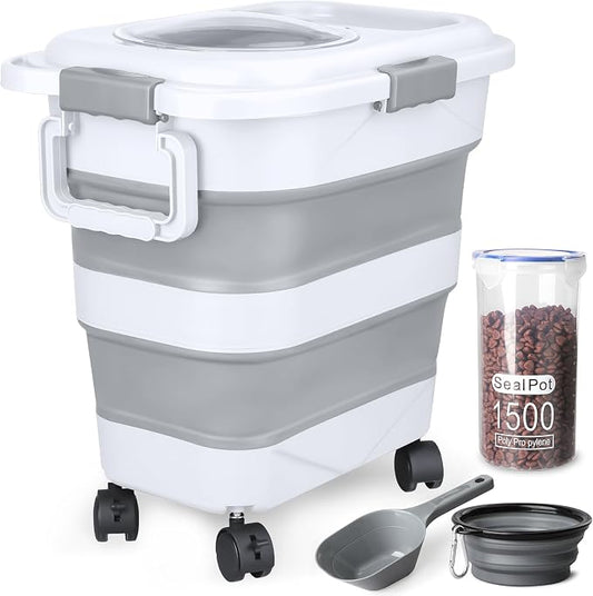 Dog Food Storage Container，10-25 lbs Airtight Collapsible Cat Food Storage Container with Attachable Wheels, Portable Handle, Dog Food Scoop for Dog Cat Bird Pet Dry Food Storage Bin Light Grey by TIOVERY