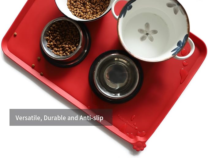 Hoki Found Large Silicone Non-Slip Pet Dog Cat Bowl Mats - Waterproof Dog Cat Food Mats - Classic Red - Image 4