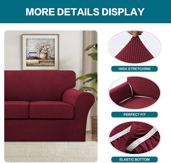 Turquoize 4 Piece Sofa Covers For 3 Cushion Couch Sofa Slipcover Soft Couch Cover For Dogs-Washable Sofa Furniture Covers With 3 Individual Large Cushion Covers Feature Thick Fabric(XL Sofa, Burgundy) - Image 4