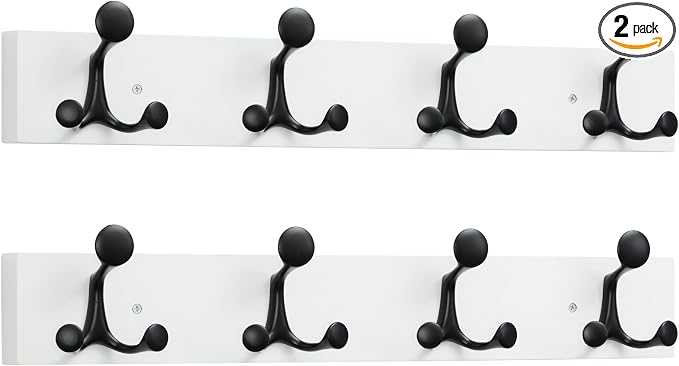 SKOLOO 24-Inch White Wood Coat Rack Wall Mount with 4 Triple Hooks - Ideal for Family Entrances, Classrooms, and Pet Supplies Storage - Perfect Coat Hooks for Wall, Pack of 2 by SKOLOO