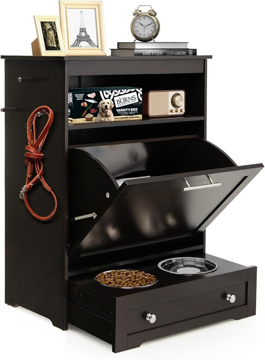 Dog Food Cabinet Feeding Station with 2 Raised Bowls, Pull Out Elevated Dog Bowl, Storage, 3 Hangers, Pet Feeder Toy Leashes Organizer, Brown by HAPPAWS