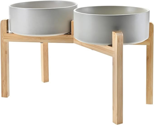 SPUNKYJUNKY Elevated Dog Bowls Ceramic, 8.3'' Dogs Food Water Bowls Raised with Non-Slip Bamboo Stand for Large Sized Breed Microwave Dishwasher Safe - 60 OZ,Grey by SPUNKYJUNKY