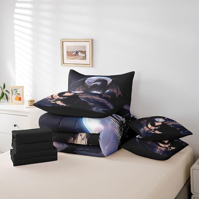 Erosebridal Purple Dragon Queen Bedding Set - Galaxy Moon Bed in A Bag,Dreamy Animal Comforter Sets with Sheets, Fantasy Dragon 7 Pieces Bed Set Bedroom Decor - Image 6