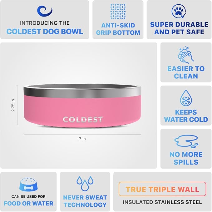 Coldest Dog Bowl - Anti Rust Metal, Non Slip, 3 Layers Insulated Stainless Steel Dog Bowls - Spill Proof & Heavy Duty - Water Bowl for Dogs, Cats & Pets, Dish Washer Safe (42 oz,Cotton Candy Pink) - Image 5